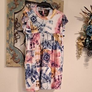 Vibrant Tie-Dye Mini Dress with Ruffle Sleeves. Excellent Condition Size Small